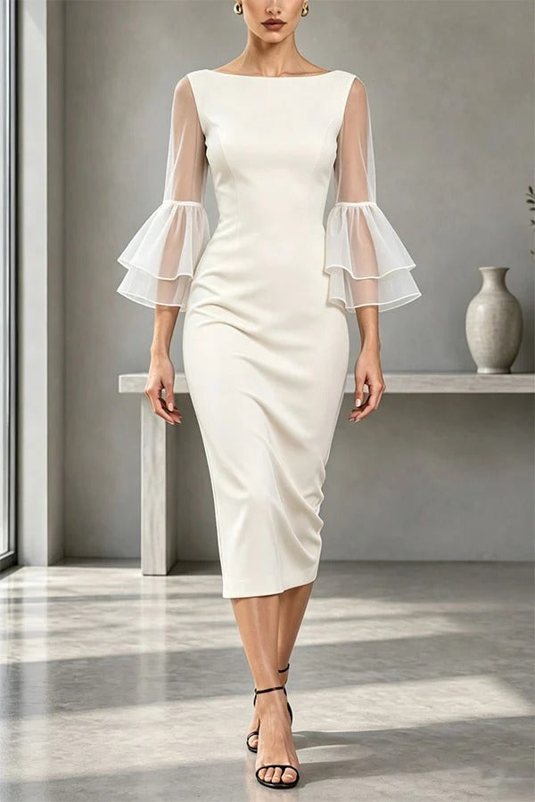 Formal Boat Neck Sheer Double Layer Bell Sleeve Bodycon Midi Dress
