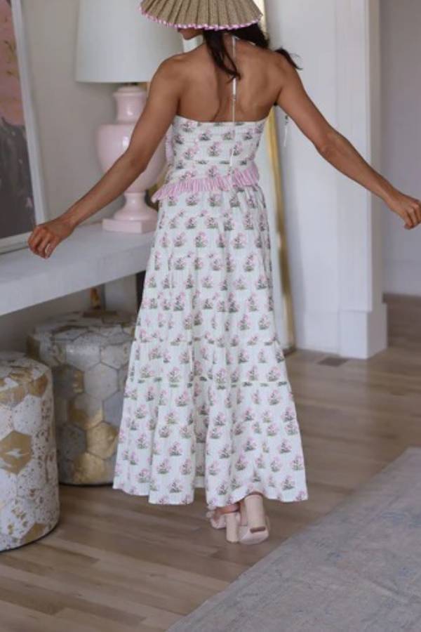 Tatum Printed Ruffle Trim Halter Top and Elastic Waist Flowy Maxi Skirt Set