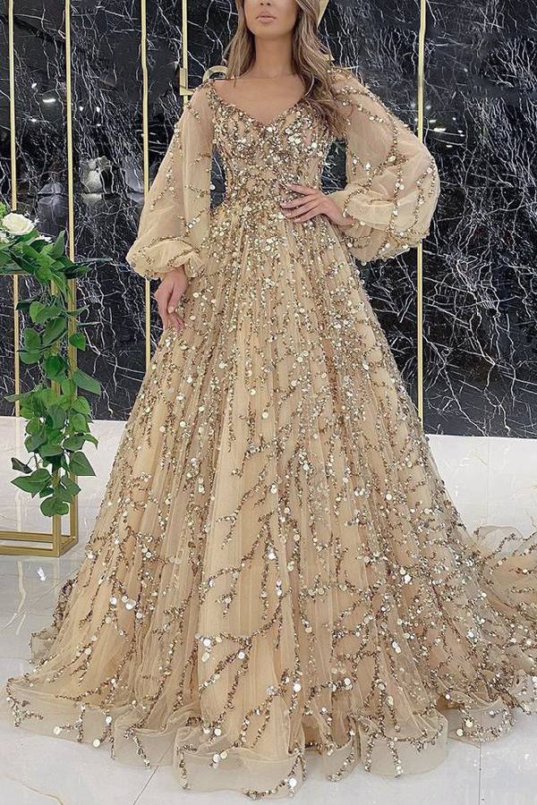 V-Neck Puff Long Sleeve Beaded A-Line Train Evening Gown