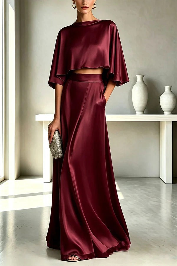 Timeless Luxurious Satin Batwing Sleeve Crop Top and High Rise Pocket Maxi Skirt Set