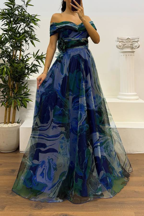 Boat Neck Tulle Evening Dress