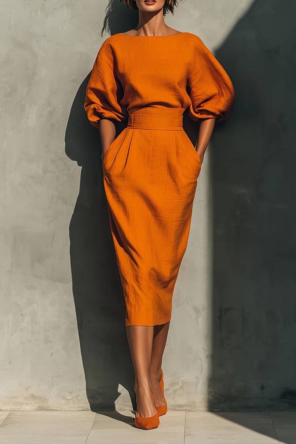 Boat Neck Puff Sleeve Waisted Midi Dress