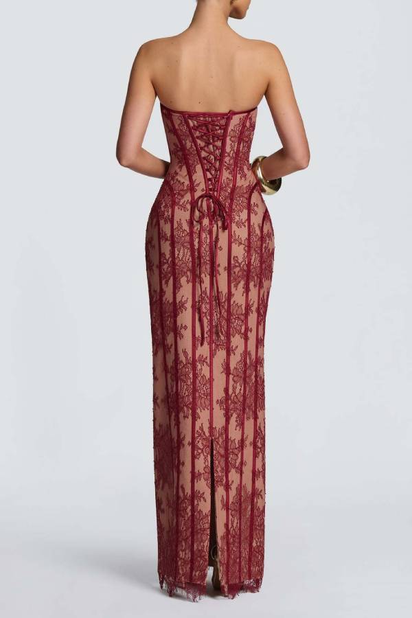 Strapless Lace Corset Lace‑Up Back Maxi Evening Gown