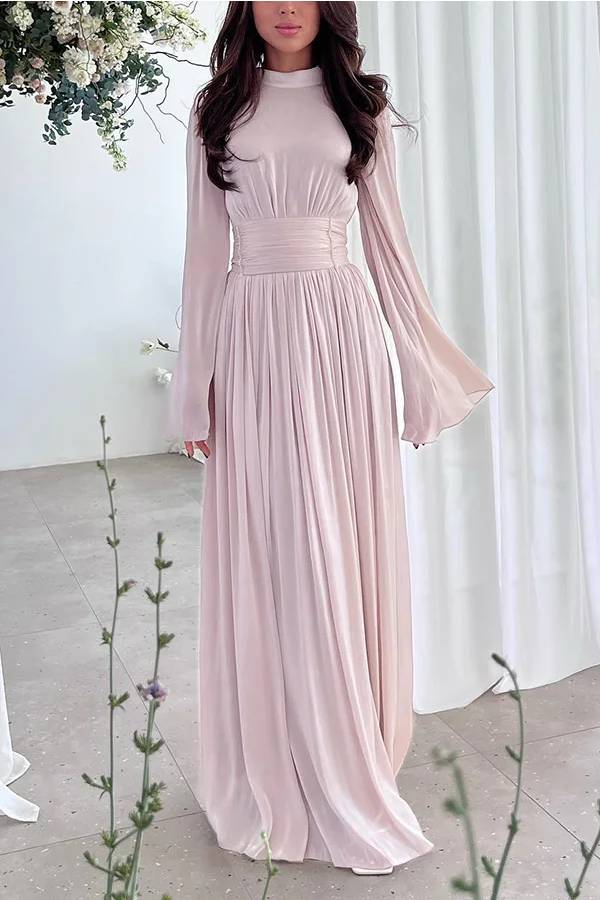 Stylish and Elegant Waist-tie Back Pleated Maxi Dress