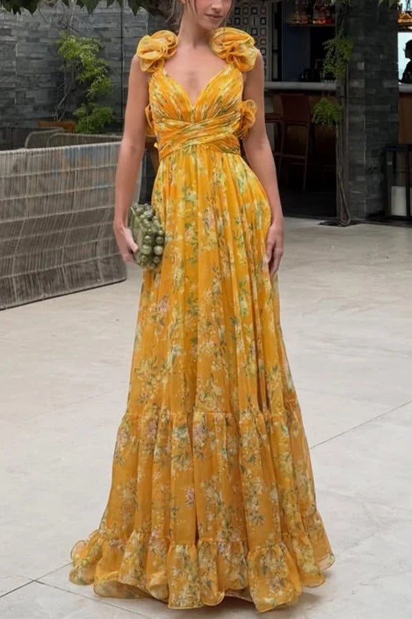 Delicate Garden Chiffon Floral Print Tiered Ruffle Cutout Back Lace-up Gown Maxi Dress