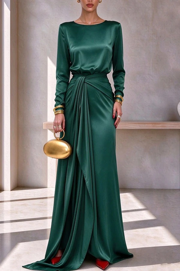 Luna Satin Long Sleeve Top and High Rise Tie-up Waist Slit Maxi Skirt Set