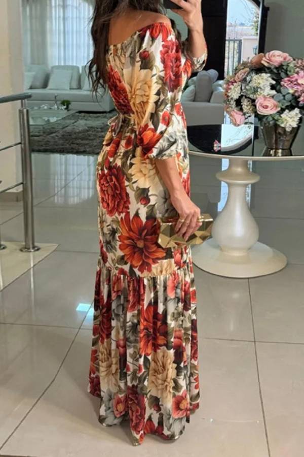 V-Neck Puff Sleeve Floral Print Waist-Cinched Flare Maxi Dress
