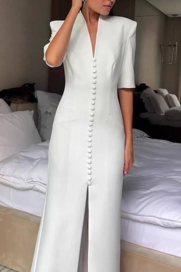 Stand Collar Padded Shoulder Button Front Slit Long Evening Gown