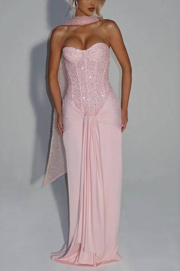 Strapless Beaded Ruched Evening Gown