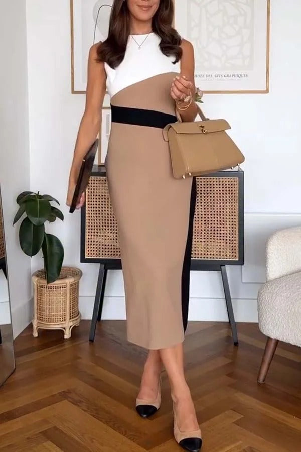 Workwear Day Colourblock Tailored Pencil Slit Stretch Midi Dress