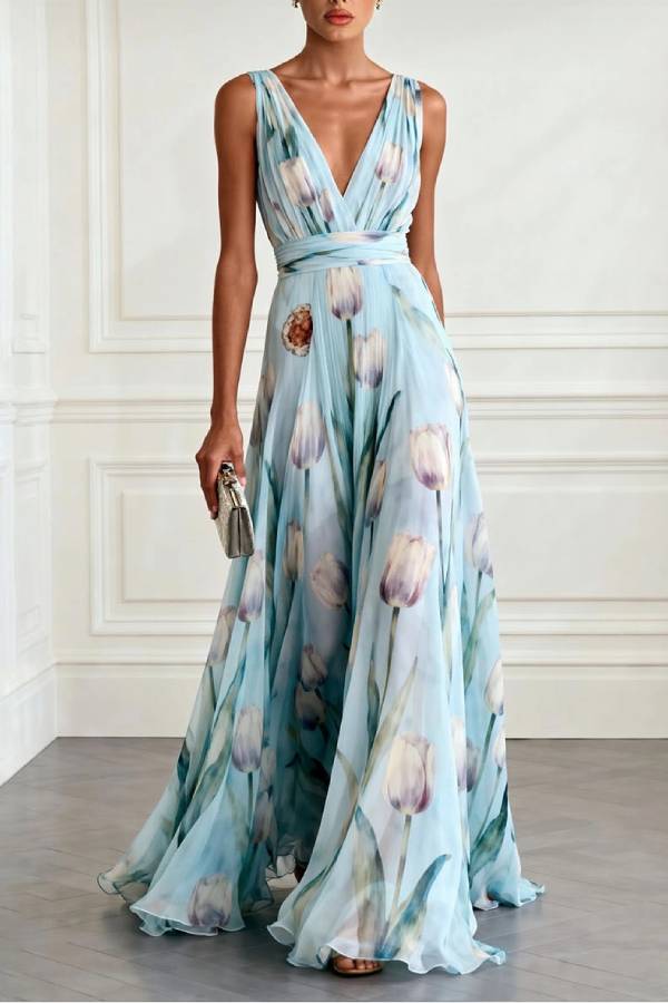 Elegant Tulip Print V-neck Maxi Dress