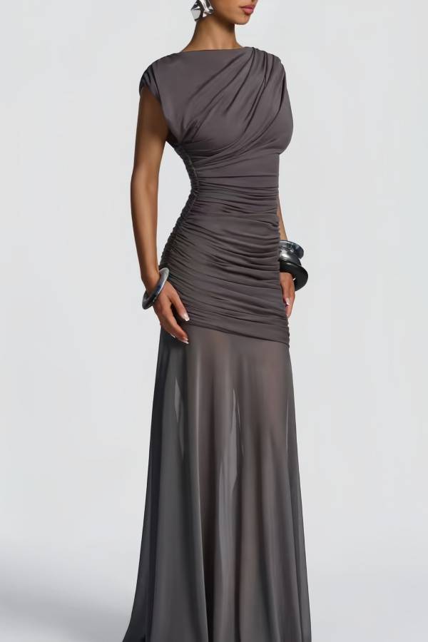 Draped Off Shoulder Ruched Waist Mesh Panel Maxi Evening Gown