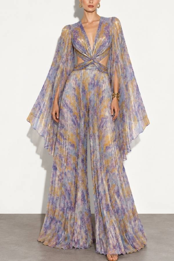 Pleated Chiffon Open-angle Sleeve Jumpsuit, Cut-out Waist