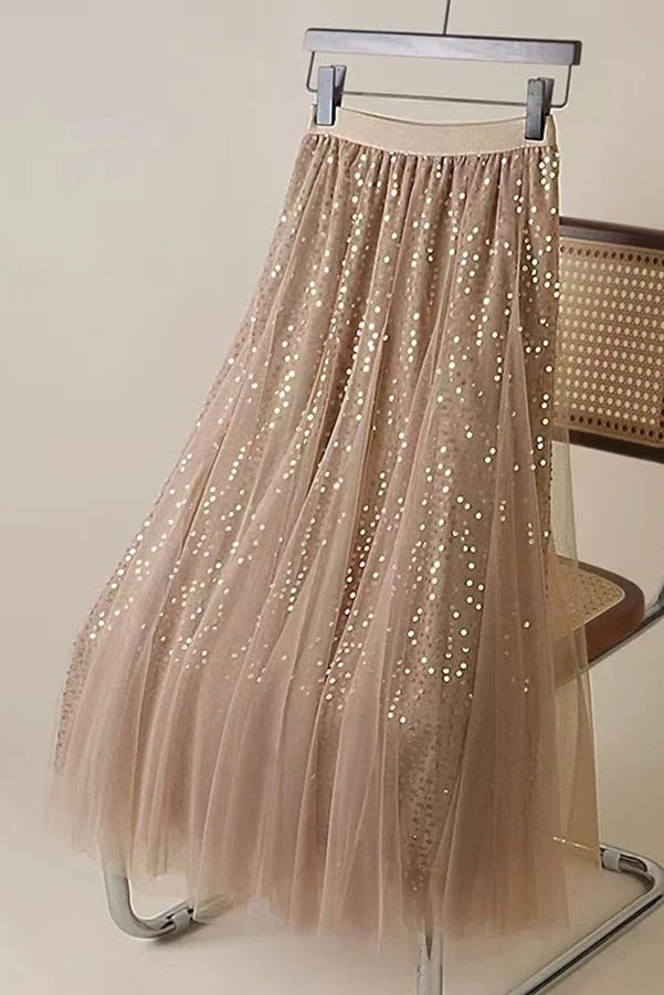 Dreamy French-style Sequined Tulle Elastic Waist A-line Maxi Skirt