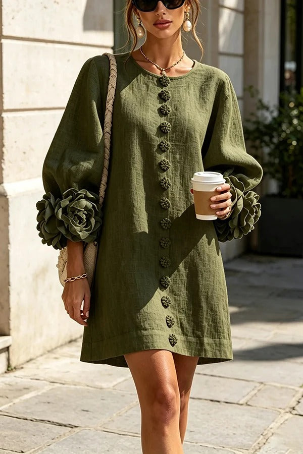 Rima Linen Blend Flowers Button Down Floral Cuffs Half Sleeve Mini Dress