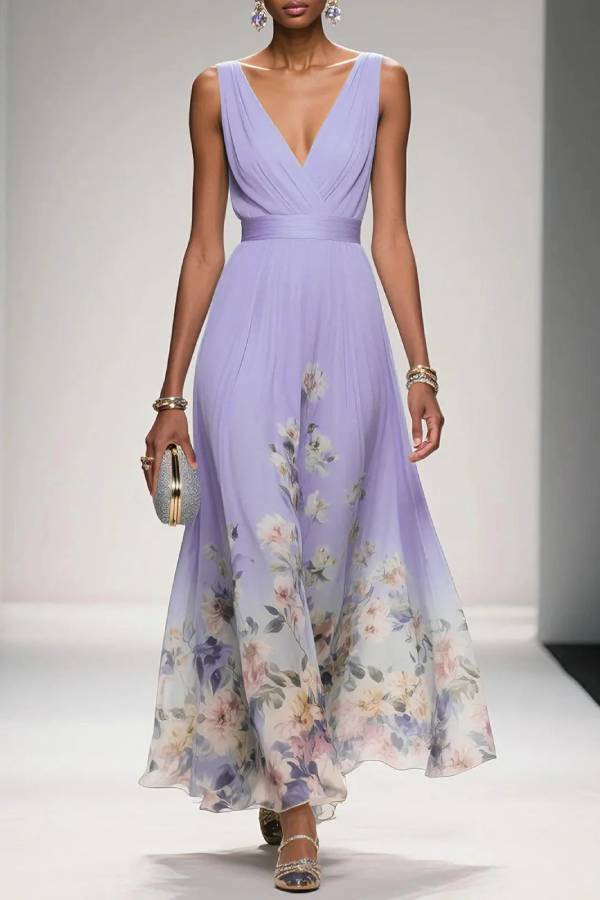 Light Blue Floral Chiffon V Neck Sleeveless A-Line Maxi Dress