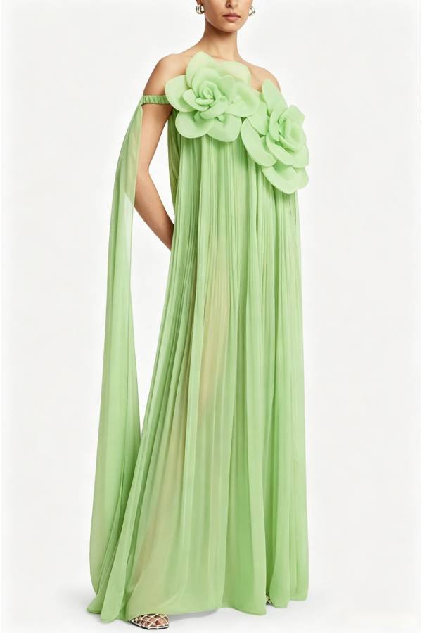 Jaclyn Sheer Tulle 3D Floral Embellishments Sculpted Pleated Strapless Maxi Dress