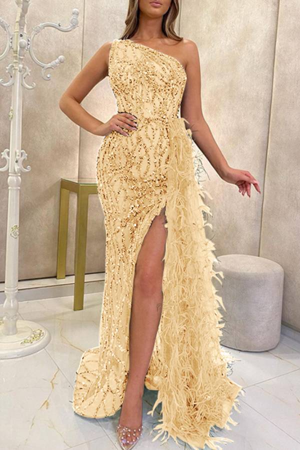 One Shoulder Sequin Feather Slit Mermaid Evening Gown
