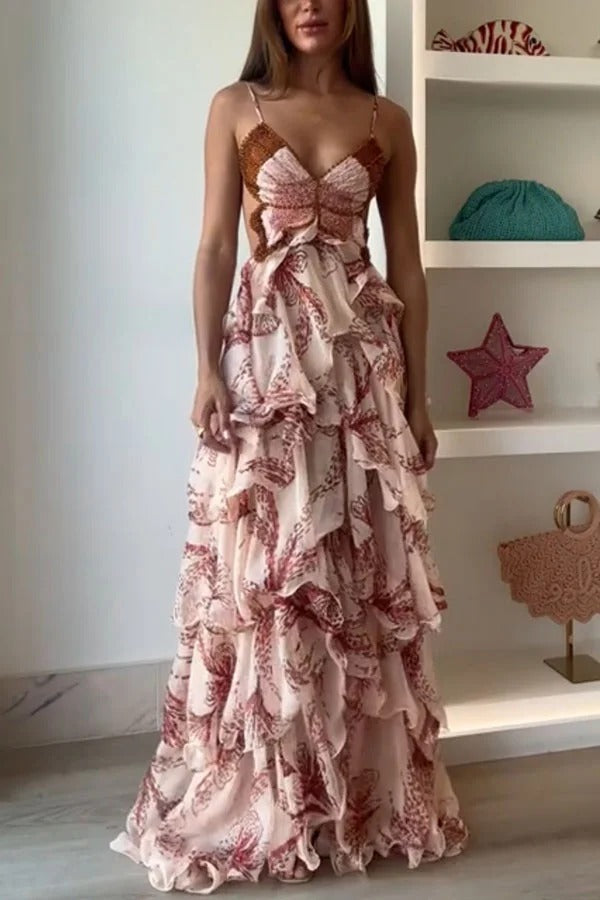 Ariae Butterfly Print Multi-layered Ruffles Backless Tie-up Maxi Dress