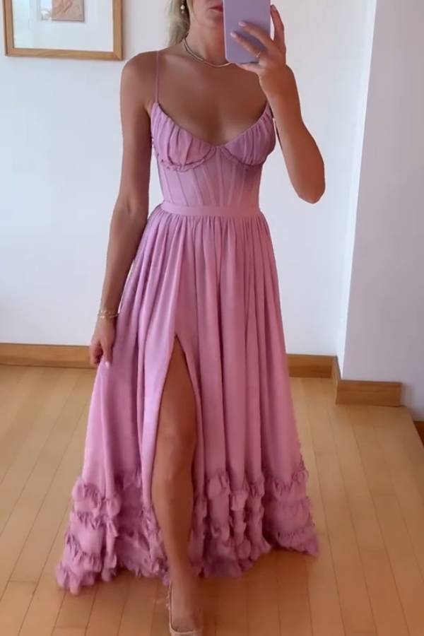 Multi-Color Spaghetti Strap V-Neck Ruffle Slit Maxi Formal Dress