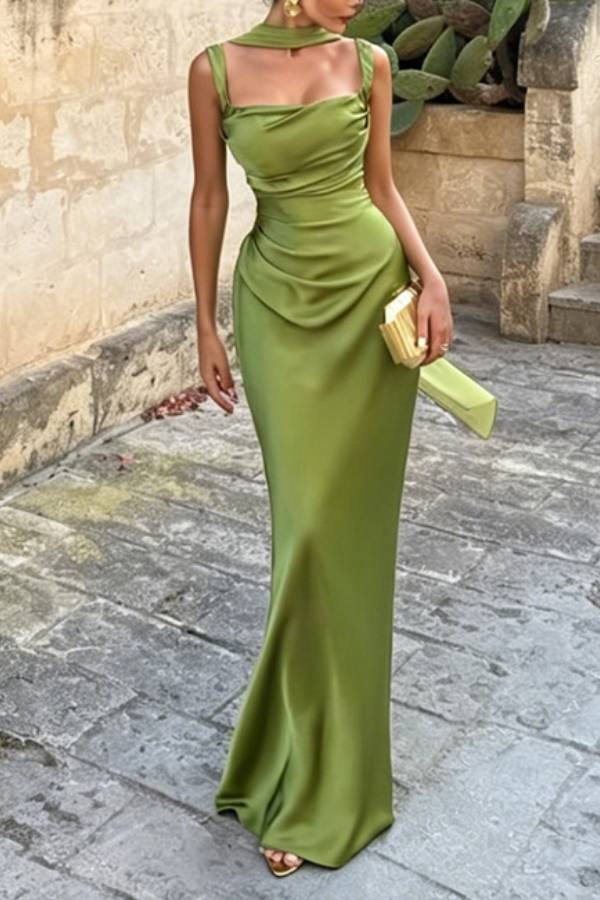 Halter Square Neck Ruched Satin Mermaid Maxi Evening Gown