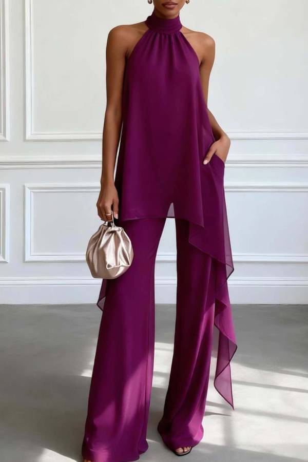 Halter Neck Chiffon Draped Top & Flared Pants Party Two‑Piece Set