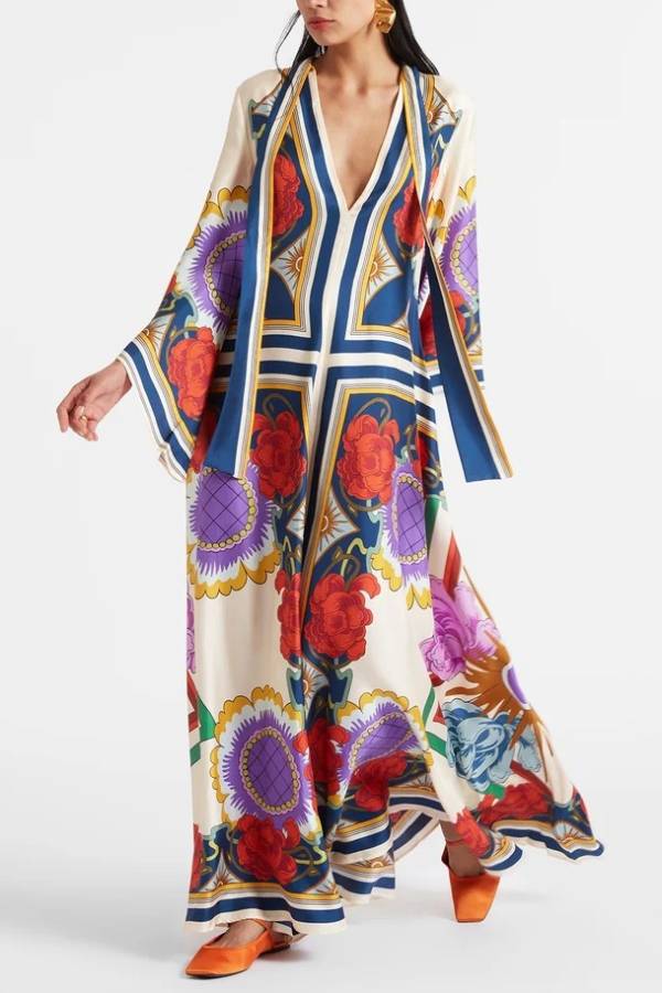 Vintage Print Satin Wide Sleeve Vacation Kaftan Maxi Dress