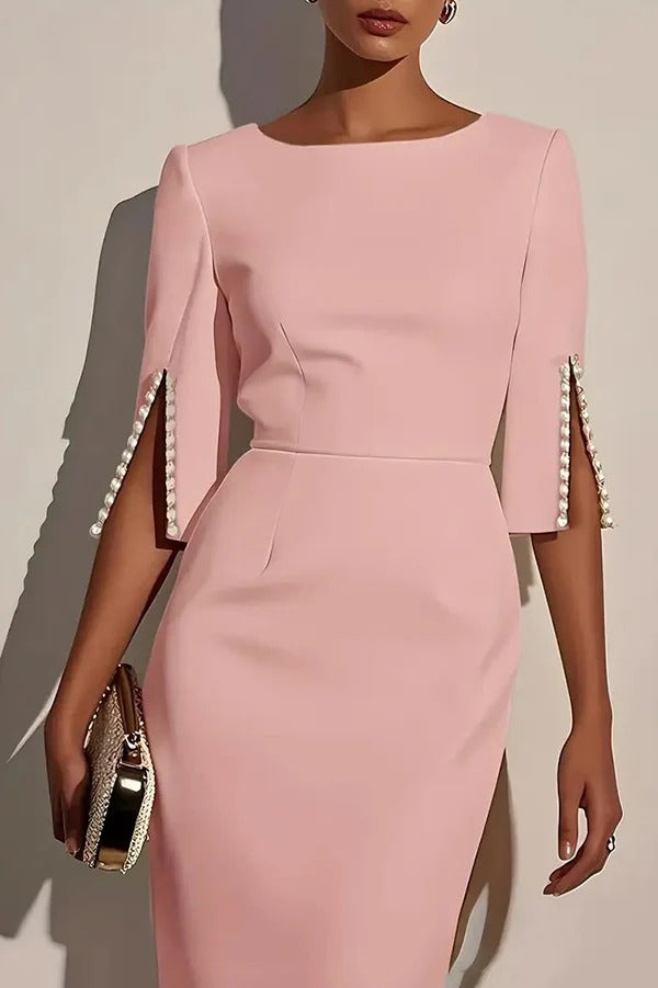 Solid Color Elegant Round Neck Half Sleeve Beaded Decorated Slim Fit Midi Dress
