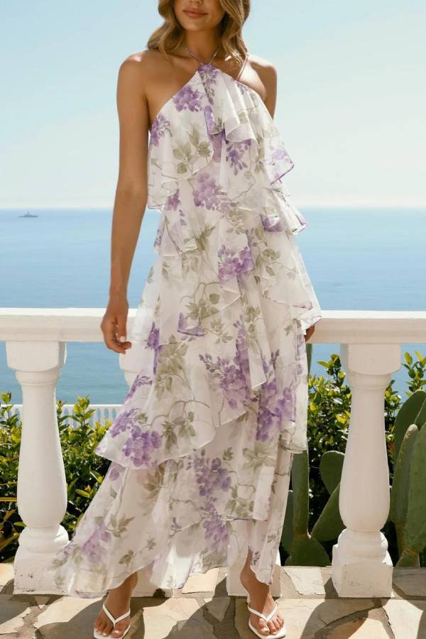 Halter Neck Layered Ruffle Printed Chiffon Maxi Dress