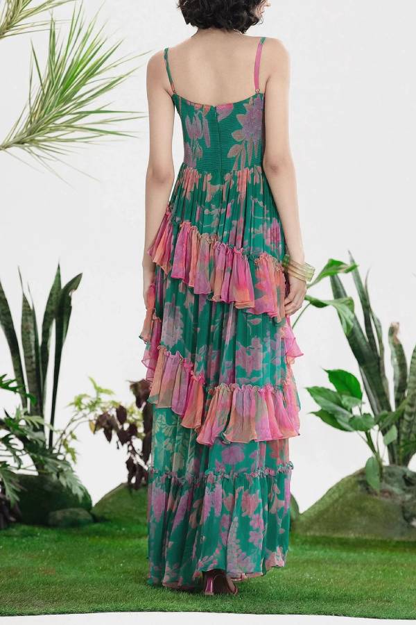 Color‑block Floral Print Tiered Ruffle Cami Maxi Dress