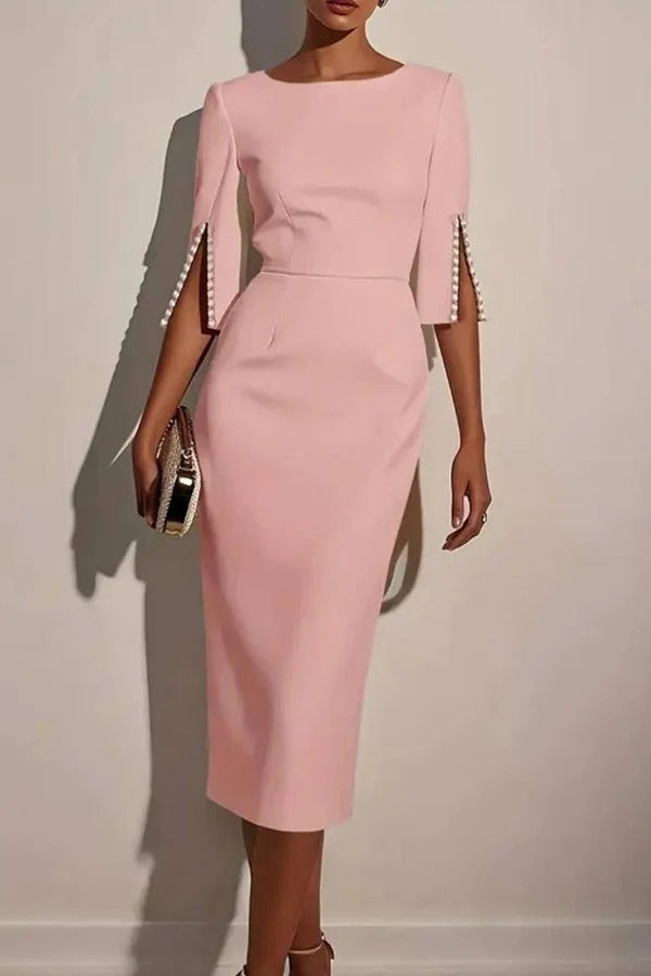 Solid Color Elegant Round Neck Half Sleeve Beaded Decorated Slim Fit Midi Dress