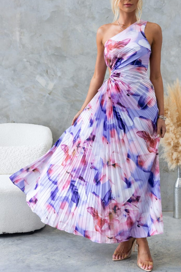 Tie-up pleated printed one-shoulder sleeveless dress