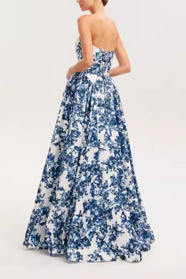 Multi-Color Print Strapless Corset Ball Gown Maxi Dress