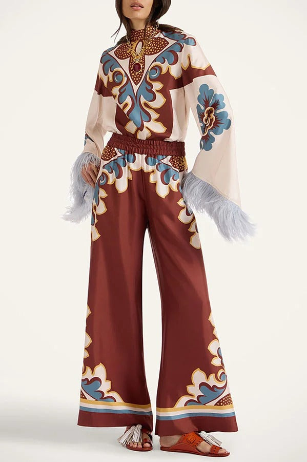 Bohemian Dreams Unique Print Elastic Waist Pocket Wide Leg Pants