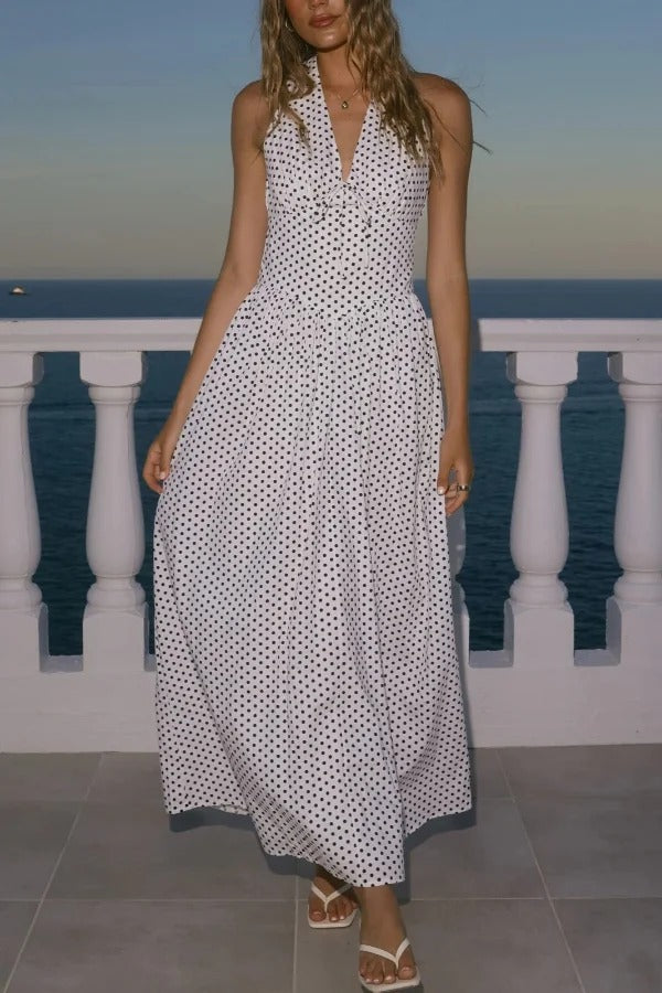 Polka Dot Print Halter Neck Fitted Waist Holiday Maxi Dress