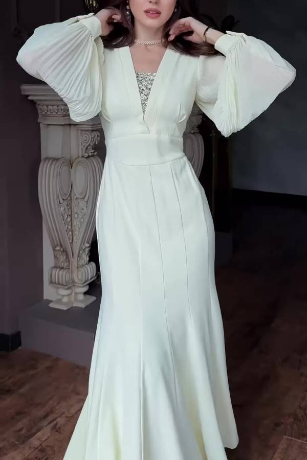 V-Neck Rhinestone Insert Puff Sleeve Fitted Midi Maxi Evening Dress