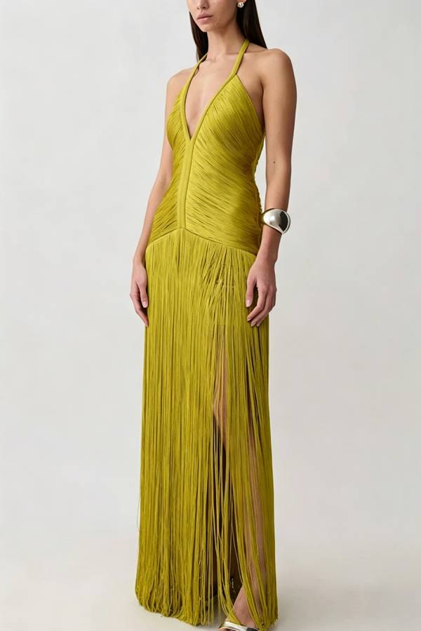 Rhythmic Aesthetic Appeal Tassel Helter V-neck Sleeveless Drape Hem Maxi Dress