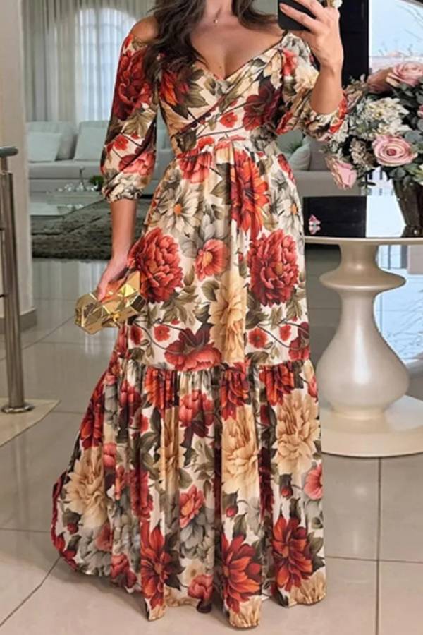 V-Neck Puff Sleeve Floral Print Waist-Cinched Flare Maxi Dress