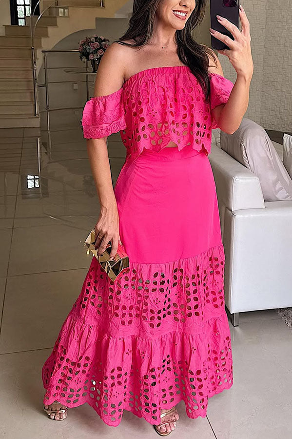 Valia Crochet Cutout Lace Off Shoulder Top and Elastic Waist A-line Maxi Skirt Set