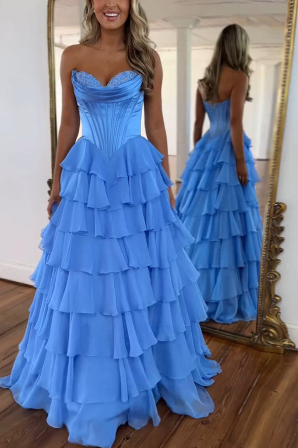 Blue Princess Tiered Corset Strapless Prom Dress