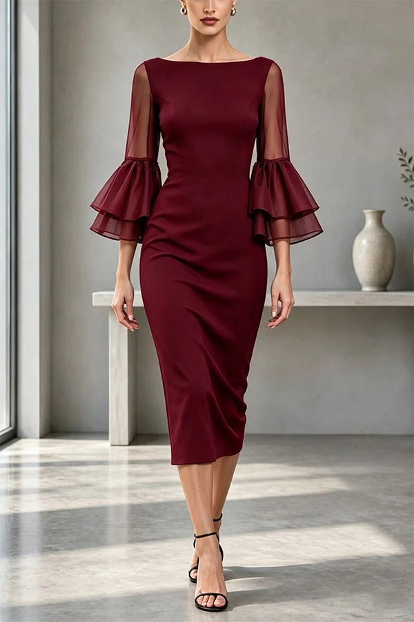Formal Boat Neck Sheer Double Layer Bell Sleeve Bodycon Midi Dress
