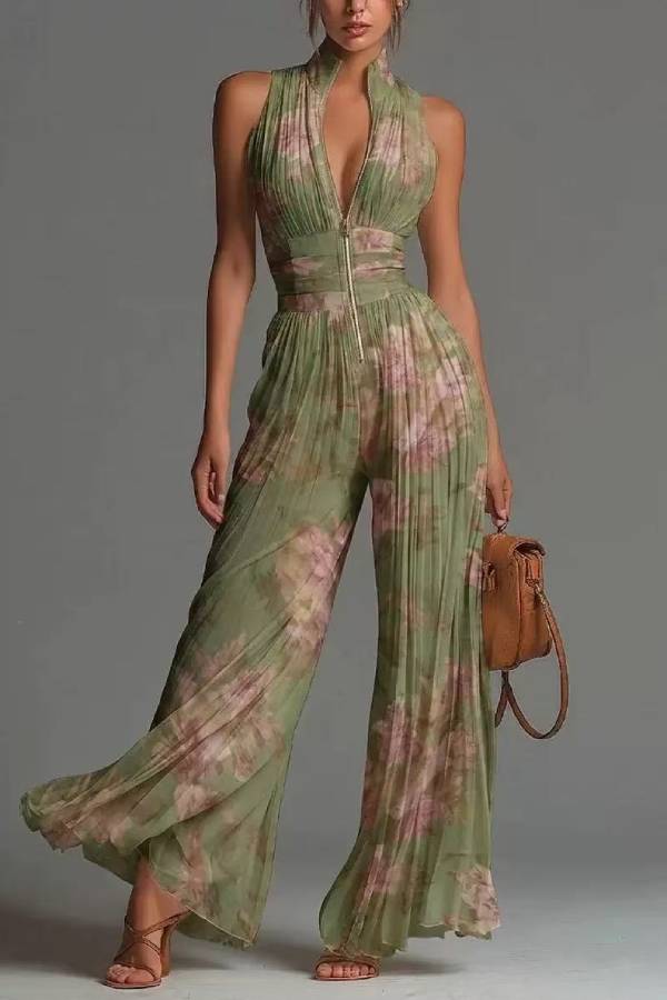 Stand Collar Pleated High Waist Wide Leg Jumpsuit