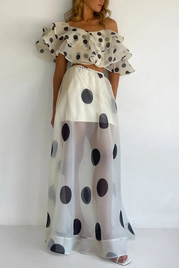 Floral Print Off-shoulder Ruffled Top and Elastic Waist Casual Maxi Skirt Set