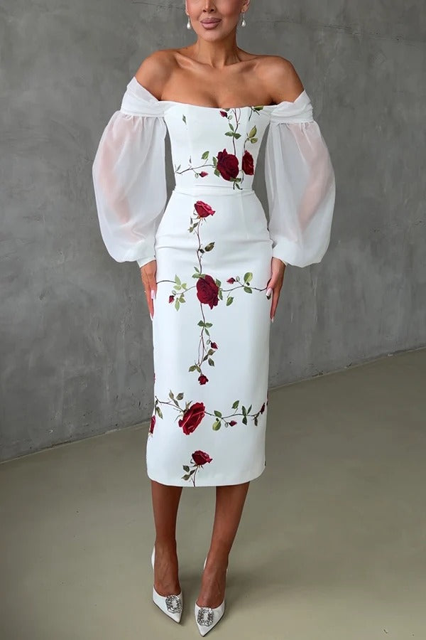 Ellie Rose Print Tulle Lantern Sleeves Off Shoulder Pencil Midi Dress