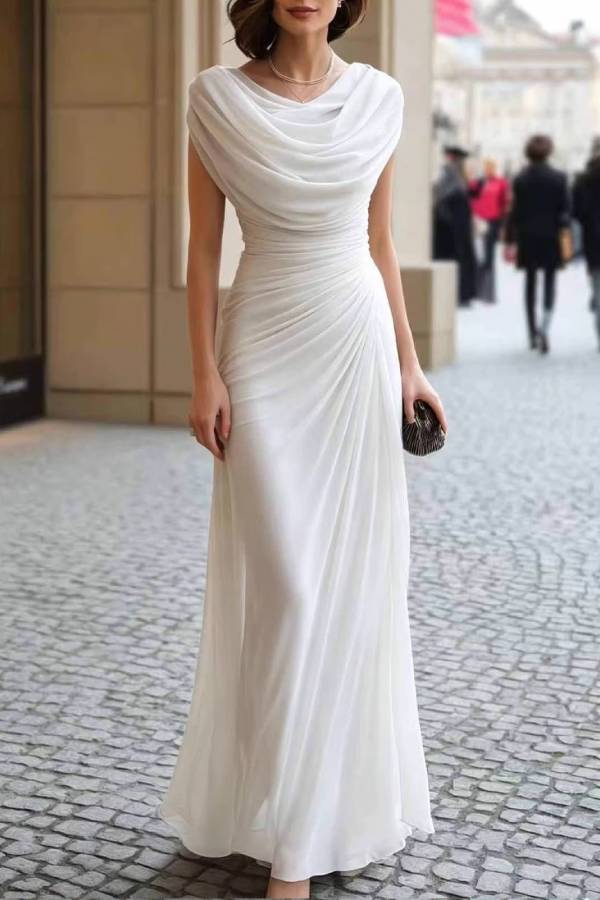 Cowl Neck Cap Sleeve Side Ruched Flowy Chiffon Maxi Formal Gown