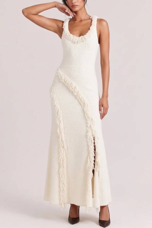 Tweed Knit Scoop Neck Sleeveless Fringe Trim Slit Maxi Dress