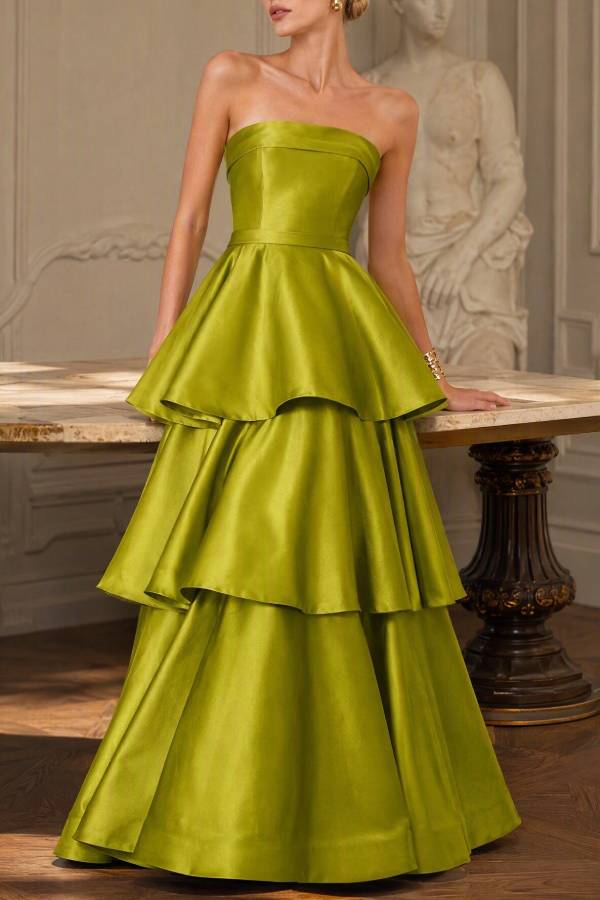Strapless Tiered Satin Maxi Evening Gown