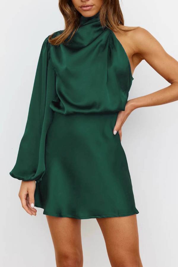 Asymmetric One-Shoulder Satin Mini Dress