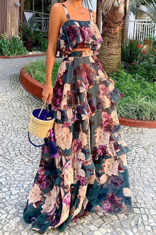 Vintage Floral Print Ruffled Cami & Skirt Set