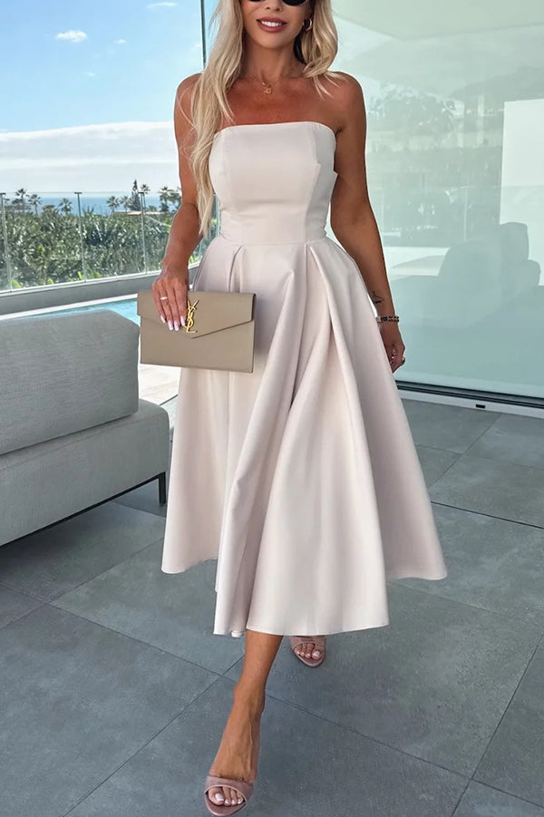 Sweet Cascade Solid Color Off Shoulder Pocket Full Hem Midi Dress